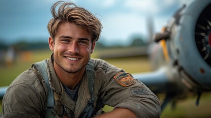 Smiling pilot in front of an aircraft, showcasing aviation spirit.