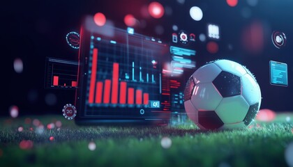 Poster - Dynamic Sports Betting Concept with Digital Graphs and Soccer Ball on Grass Field