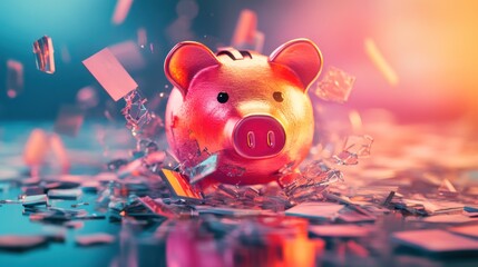 Wall Mural - Pink piggy bank breaking through shattered glass with colorful light.