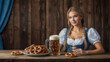 © Natasa - Blur image of rustic background for Oktoberfest - Woman in traditional Bavarian dress with beer and pretzels.