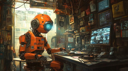 Wall Mural - using a robot to do a job that a person usually does.