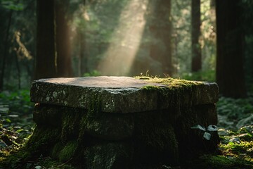 Wall Mural - stone platform with moss in a green forest.