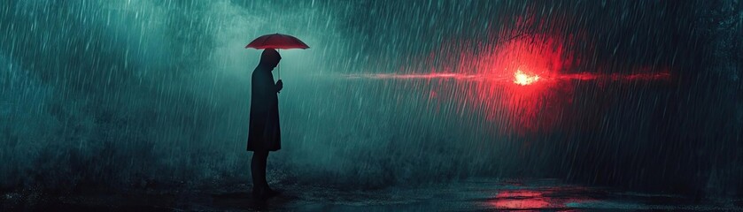 Poster - A solitary figure stands under an umbrella in the rain, illuminated by a striking red light, conveying mystery and contemplation.