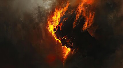 A fiery figure emerges from swirling dark clouds, representing a powerful entity with flames and intense colors, evoking strong emotions.