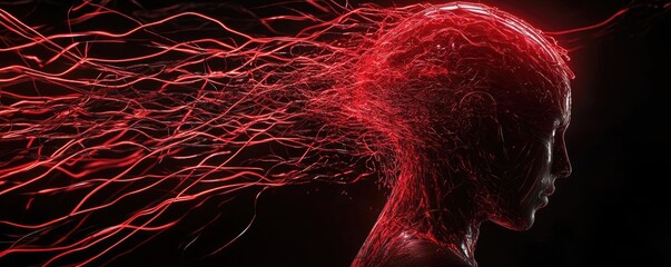 Aufkleber - A surreal representation of a human head with vibrant red connections, symbolizing thoughts and creativity in motion.