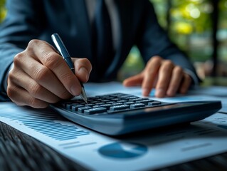 Poster - Close up businessman using calculator and reading paper document about business data