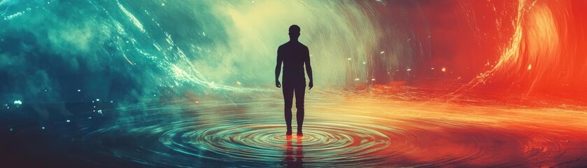 Poster - A silhouette of a person standing in a surreal, colorful environment, surrounded by swirling lights and reflective water.