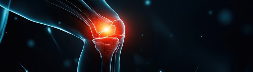 A close-up illustration of a glowing knee joint, highlighting inflammation and pain associated with knee conditions and injuries.