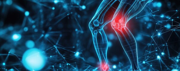Poster - A futuristic representation of a knee joint highlighting pain signals in a digital network. Ideal for medical and technology themes.