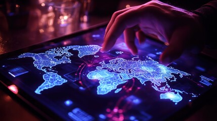 Wall Mural - A hand reaches out to touch a glowing world map on a tablet in the dark.