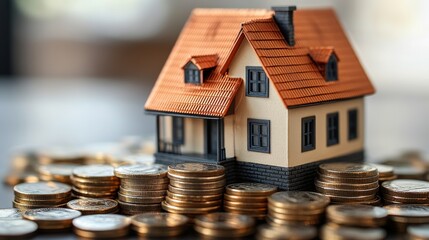 Poster - Mortgage loan for buying home or real estate property Model house on unstable stacked coin white wall background