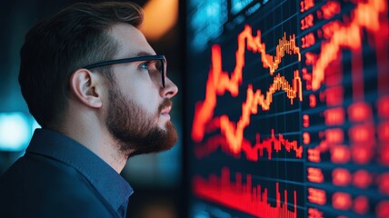 A man analyzes stock market data displayed on a digital screen, featuring fluctuating red and green graphs.