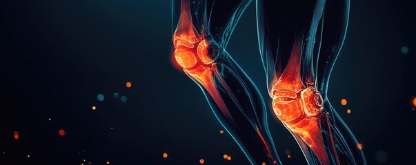 Fototapete - 3D illustration of human knee joints showcasing anatomy with glowing highlights against a dark background.