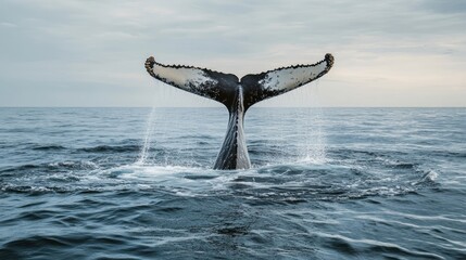 A whale's tail breaks the surface of the water, leaving a trail of bubbles and spray.