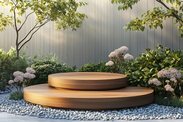 Wall Mural - Two wooden platforms are in a zen garden setting with green plants and white flowers with small gray rocks around the platforms.