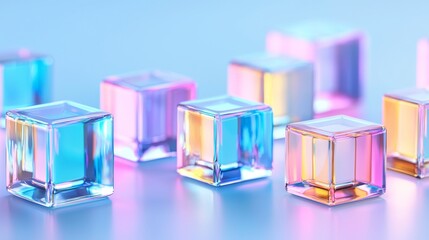 Poster - Design theme for banner headers, posters, and covers of 3D backgrounds with glass squares and neon light emitting gradients.