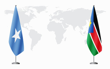 Wall Mural - Somalia and South Sudan flags for official meeting against background of world map.