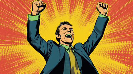 Wall Mural - A successful businessman celebrating his victory in a retro, pop art style.