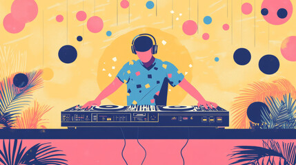 A fun, colorful illustration of a DJ playing music at a party.