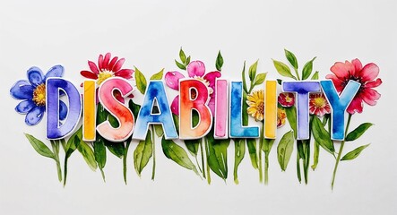 Wall Mural - disability word lettering with watercolor painting flowers on plain white background