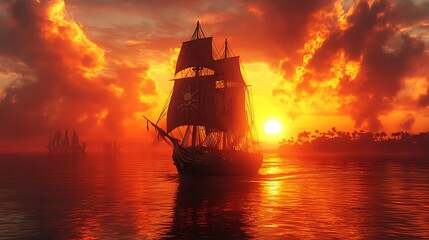 Colorful sunset sky showcasing a majestic pirate ship near tropical island image