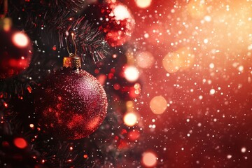 Wall Mural - festive christmas tree with red ornaments sparkling lights