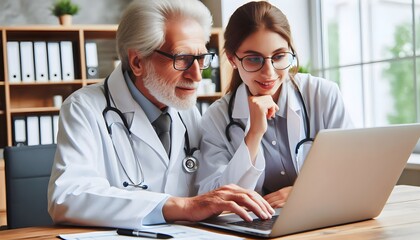 An old male doctor with glasses shows his best medical documents to a young female doctor while laughing.