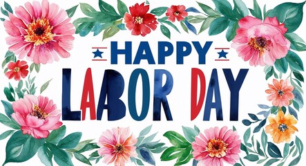 Wall Mural - happy labor day word lettering with watercolor painting flowers on plain white background