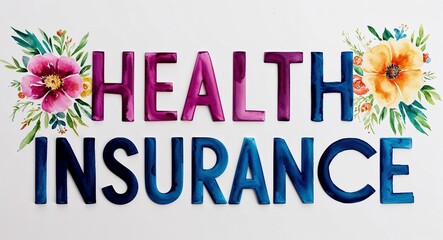 Wall Mural - health insurance word lettering with watercolor painting flowers on plain white background