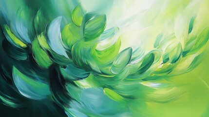 Poster - vibrant abstract painting depicting dynamic green and blue leaf-like shapes against a soft gradient 