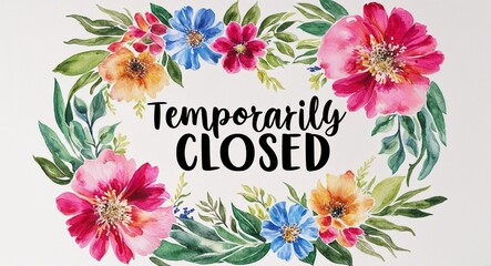  temporarily closed word lettering with watercolor painting flowers on plain white background