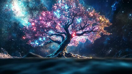 Wall Mural - a large, glowing tree stands tall against a backdrop of twinkling stars and a swirling galaxy