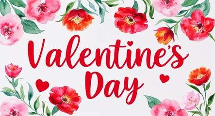 Wall Mural - valentines day word lettering with watercolor painting flowers on plain white background