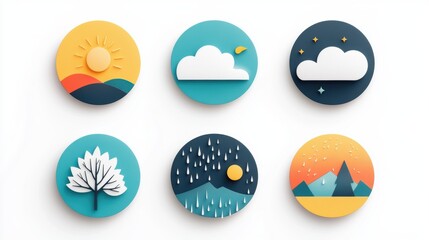 Poster - A set of colorful circular icons showcasing different types of weather, including sunny, cloudy, rainy, and snowy.