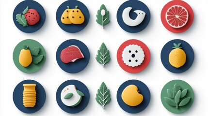 Poster - A set of circular icons depicting different types of food, including fruits, vegetables, meats, and dairy.