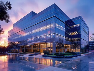 Modern office building with a reflective facade and landscaped surroundings at sunset.