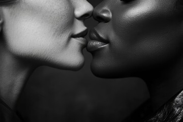 intimate close-up of two women about to kiss in monochrome