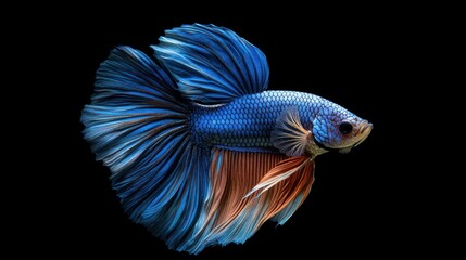 A close-up of a vibrant blue and orange betta fish with flowing fins against a black background.