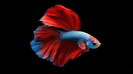 A Siamese fighting fish with red and blue fins isolated against a black background.