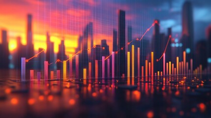 Wall Mural - Abstract financial data visualization over city skyline.