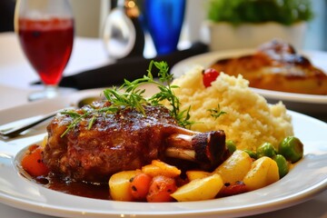 Gourmet roasted lamb shank with vegetables rice on elegant dining table