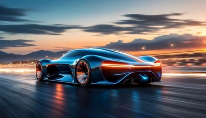 Sleek black sports car with glowing orange accents racing on a modern track, blurring through vibrant sunset colors