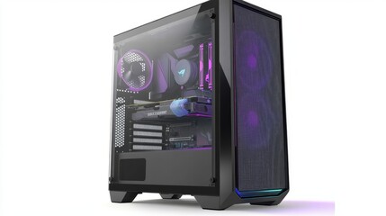 Poster - Premium gaming computer case with clear side window, RGB-lit hardware glowing inside, creating an advanced and stylish setup