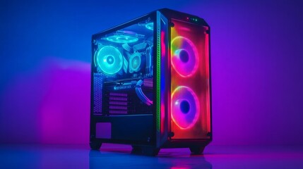 Poster - Premium gaming PC case featuring clear side window, RGB lights glowing inside, powerful components on display for a sleek aesthetic