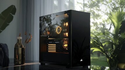 Poster - Premium gaming PC case featuring clear side window, RGB lights glowing inside, powerful components on display for a sleek aesthetic