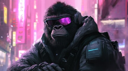 Wall Mural - a futuristic gorilla wearing sunglasses and a jacket with glowing neon lights in the background.