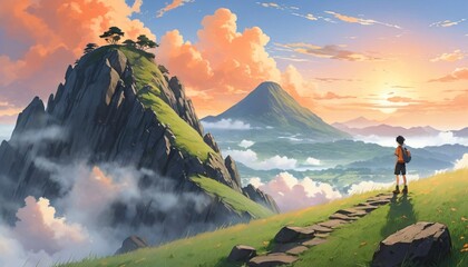 hikers or climbing on sunset mountain landscape illustration background