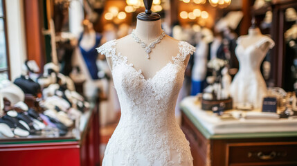 Elegant bridal gown on display in wedding boutique