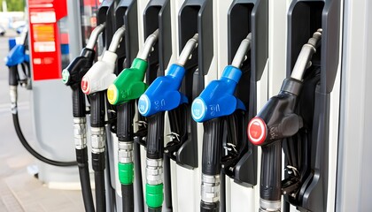 Wall Mural - Vibrant lineup of fuel nozzles at a gas station, featuring an eye-catching blue nozzle in the forefront