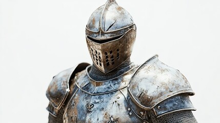 Close-up of a weathered medieval knight's armor and helmet